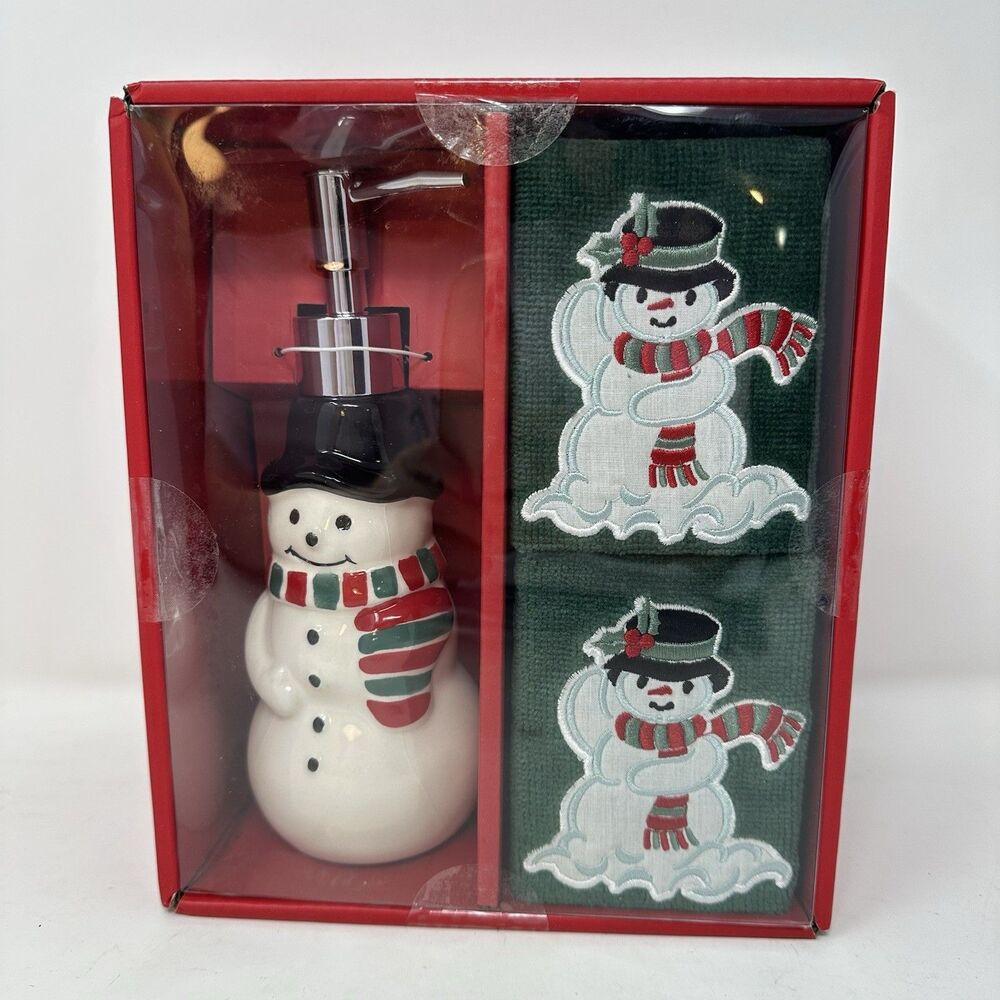 NIB Holiday Time Christmas Snowman Ceramic Soap Pump & 2 Hand Towels Set 2024